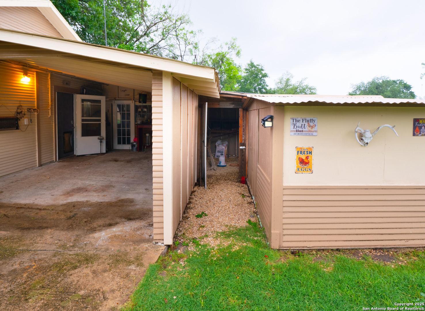Entrance into kitchen coup. Storage shed on right.