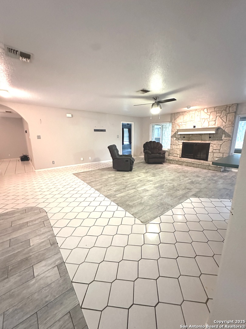 view from dining/kitchen to open living area