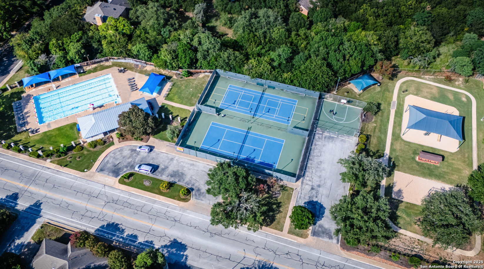 Community pool, tennis courts and playground.