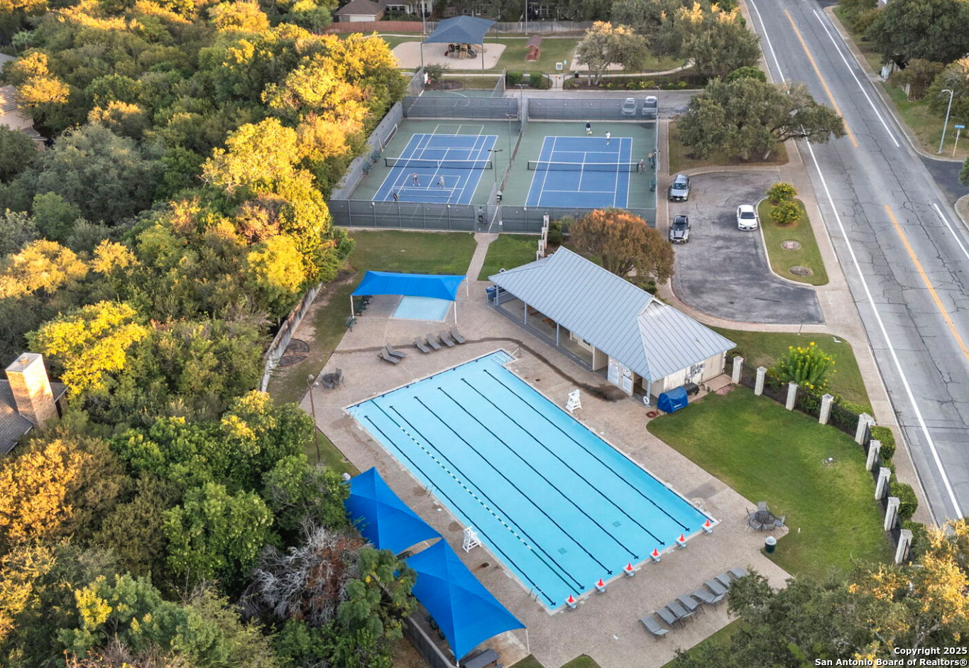 Community pool, tennis courts and playground.