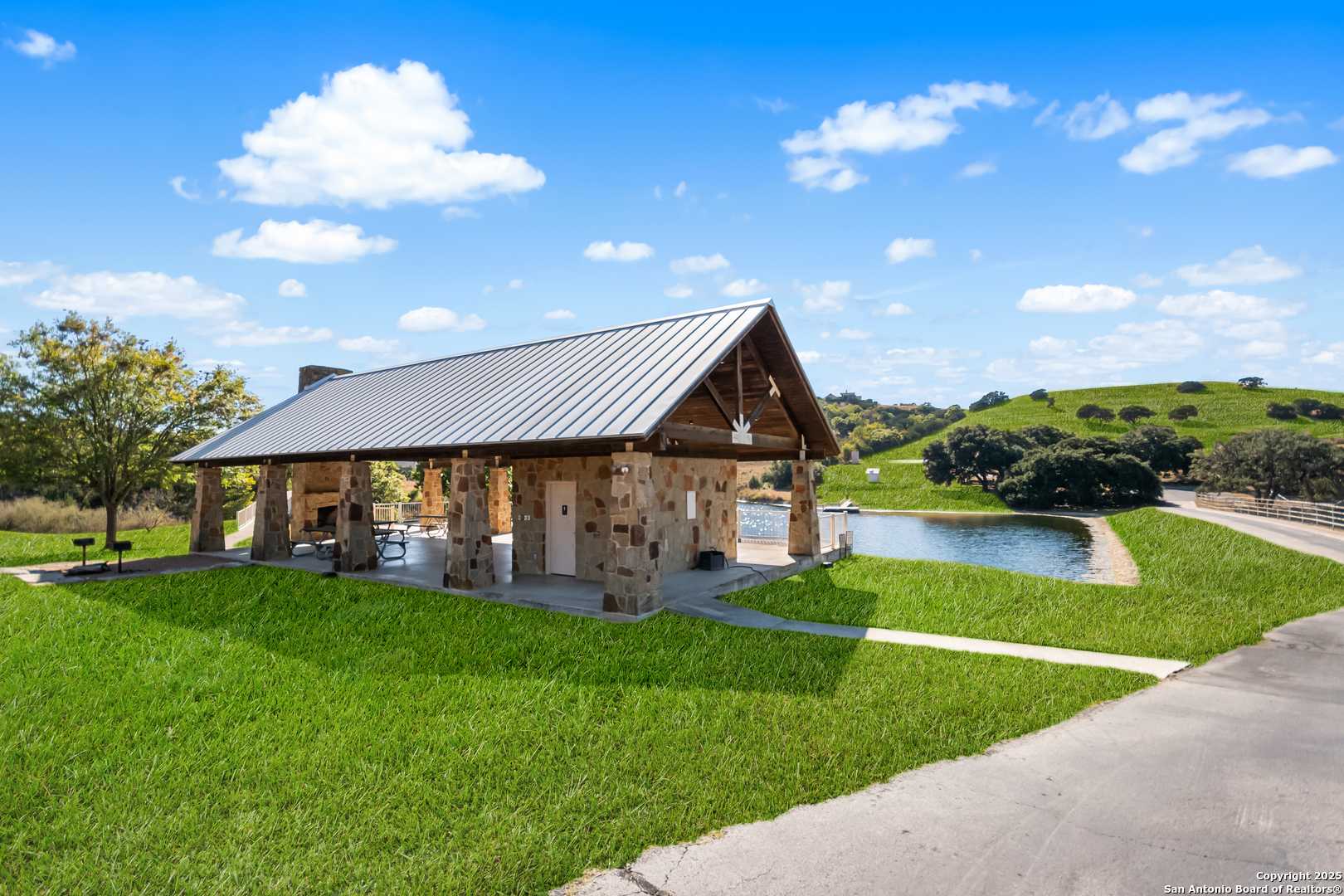 Community pavilion and pond.