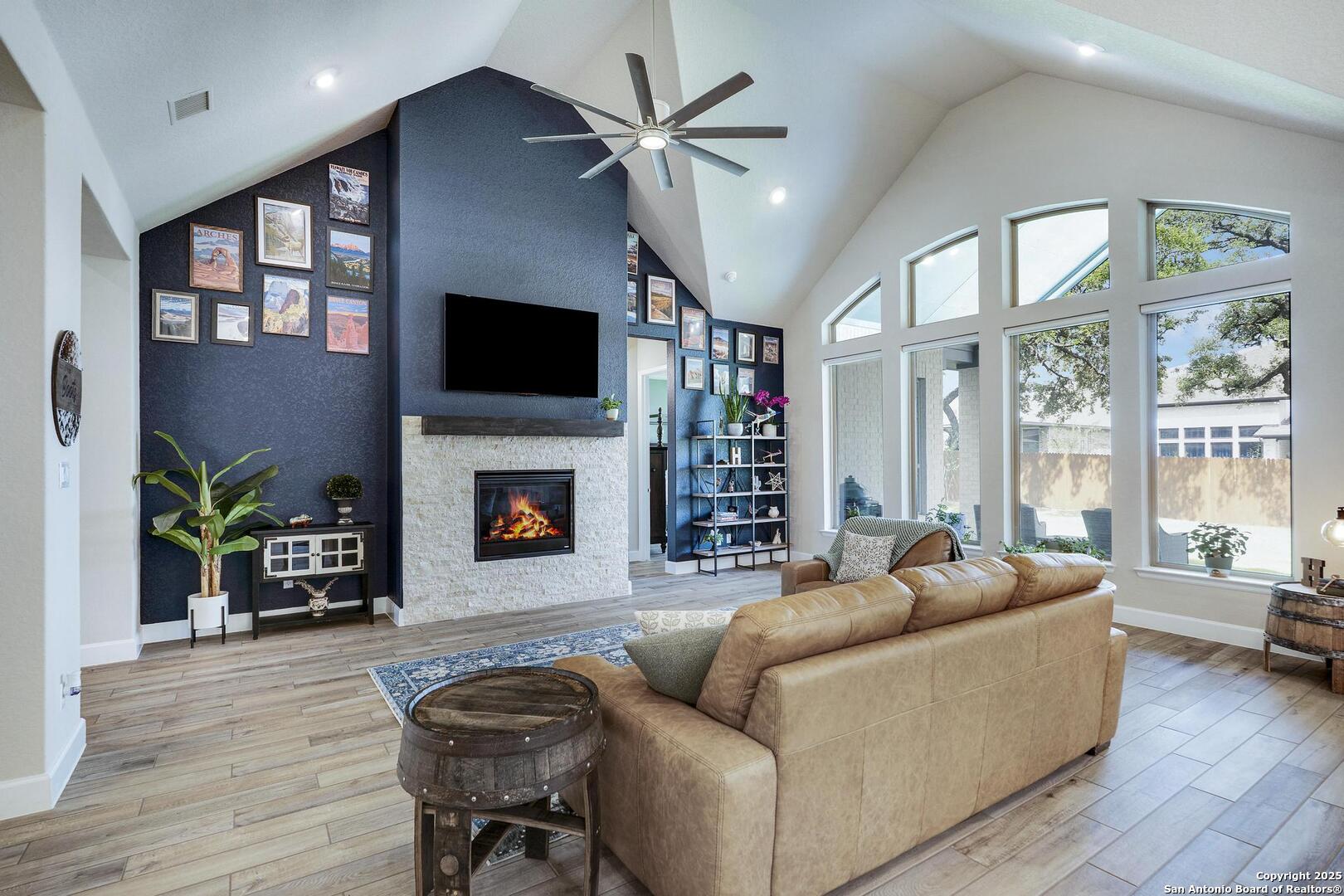 High ceilings and natural light, gas fireplace