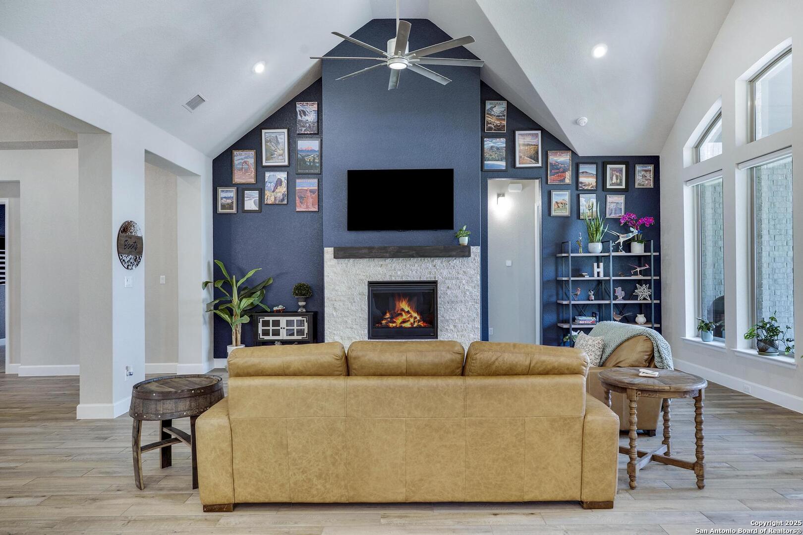 High ceilings and natural light, gas fireplace