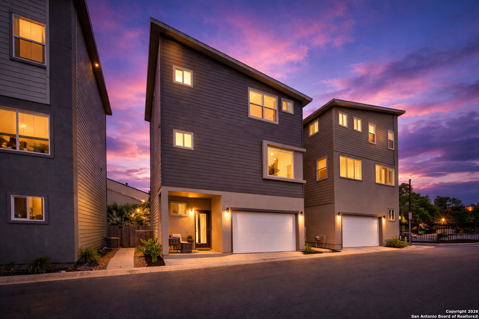 Discover refined living in this 3-bedroom, 3.5-bathroom home nestled within the exclusive Terrazas at Alamo Heights community. Spanning 2,300 sqft, this three-story home features an open-concept design accentuated by high ceilings and abundant natural light. The gourmet kitchen is equipped with top-tier appliances, gas cooking, seamlessly flowing into spacious living and dining areas, ideal for both entertaining and everyday comfort. Additional highlights include a secondary ensuite bedroom, solar panels with a back up battery, a salt water hot tub, a top-of-the-line water softener, and a manageable backyard with turf and palm trees. Situated with close proximity to The Quarry, Central Market, local museums, universities, and the airport. Experience contemporary living in a prime San Antonio location!!