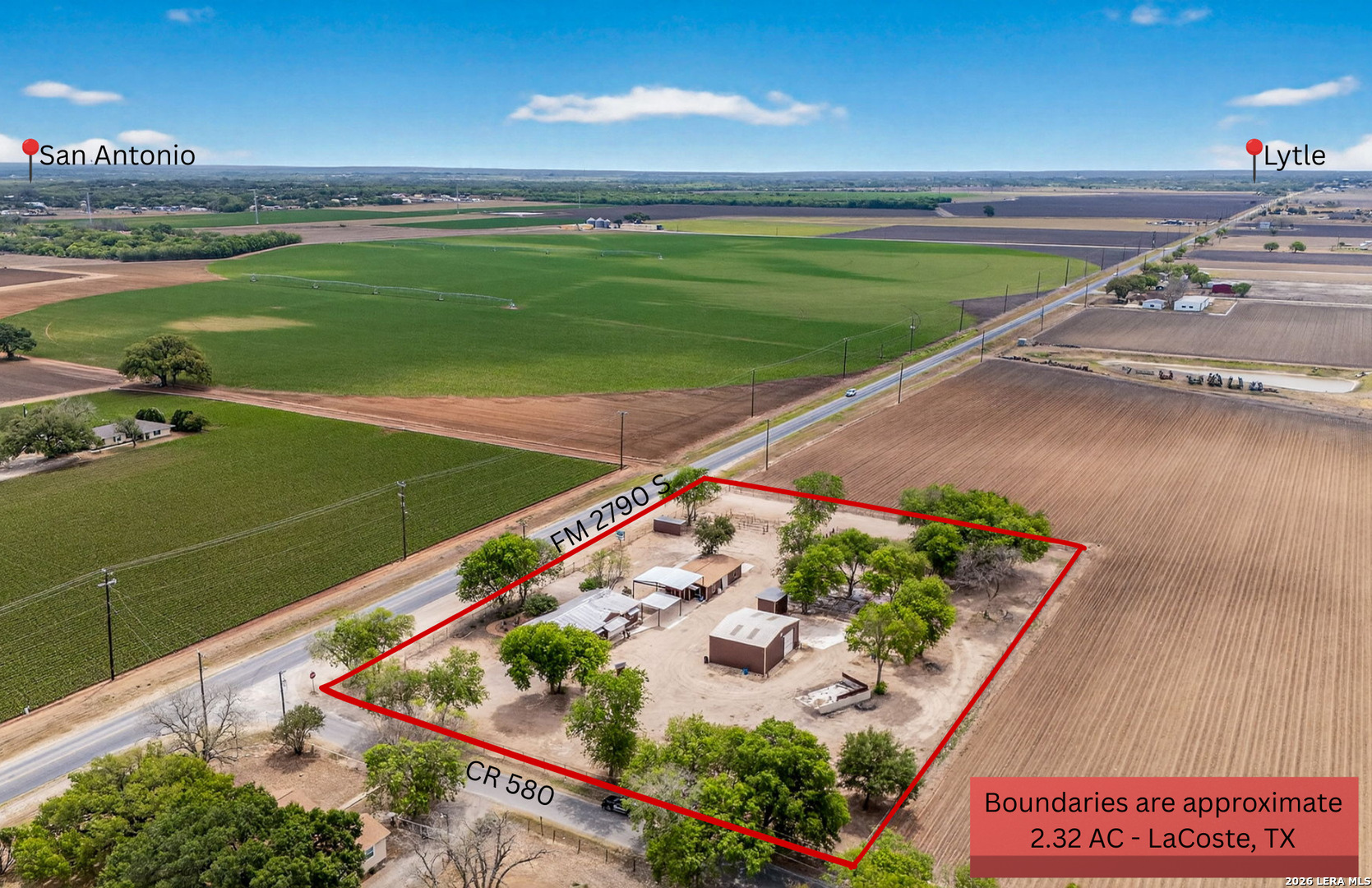 Prime commercial opportunity on FM 2790 S with excellent visibility and access. Situated on a spacious 2.32-acre hard corner tract, this fully fenced property offers three gated entrances and a versatile setup ideal for a trade business such as electrical, plumbing, HVAC, welding, or similar operations. Improvements include an office, shop with lift, workshop, two storage buildings, exterior bathroom, and a large yard with plenty of room for equipment, vehicles, materials, or future expansion. Centrally located with convenient access to LaCoste, Castroville, Lytle, and San Antonio, this property is positioned on a major access road in a high-function, high-convenience location.