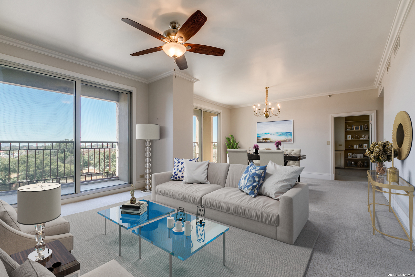 SELLERS INCENTIVE: SELLER WILL PAY 6 MONTHS OF MAINTENANCE FEES ($2475 X 6 = $14,850) to be deducted from agreed upon sales price. SPECTACULAR southerly views of Fort Sam and downtown San Antonio from this HIGHLY DESIRABLE 6th floor H-FLOOR PLAN condo. The condo was COMPLETELY RENOVATED down to the studs (see Remodeled Features in Assoc. Docs). Primary bedroom has a walk-in closet with built-in shelves,  bathroom has grab bars throughout. Toilet was removed in second primary bathroom to make way for a utility closet. A stackable washer/dryer closet is also housed in this bathroom. The large secondary bedroom has an ensuite bathroom, walk-in closet and built in custom bookshelves/cabinetry with TV connections. Emergency Button to Security in main bedroom & bathroom. There are two laundry rooms on each floor and each unit has a small storage cage on top floor of building. Guest suites may be reserved for overnight visitors. The Towers offer a carefree lifestyle with abundant amenities; a dining room, a deli for takeout, indoor pool and spa, fitness center, hobby shop, library, valet and concierge services, weekly housekeeping and 24 hour resident Safety Officers.